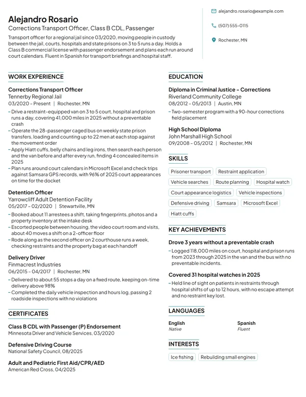 Corrections Transport Officer resume example