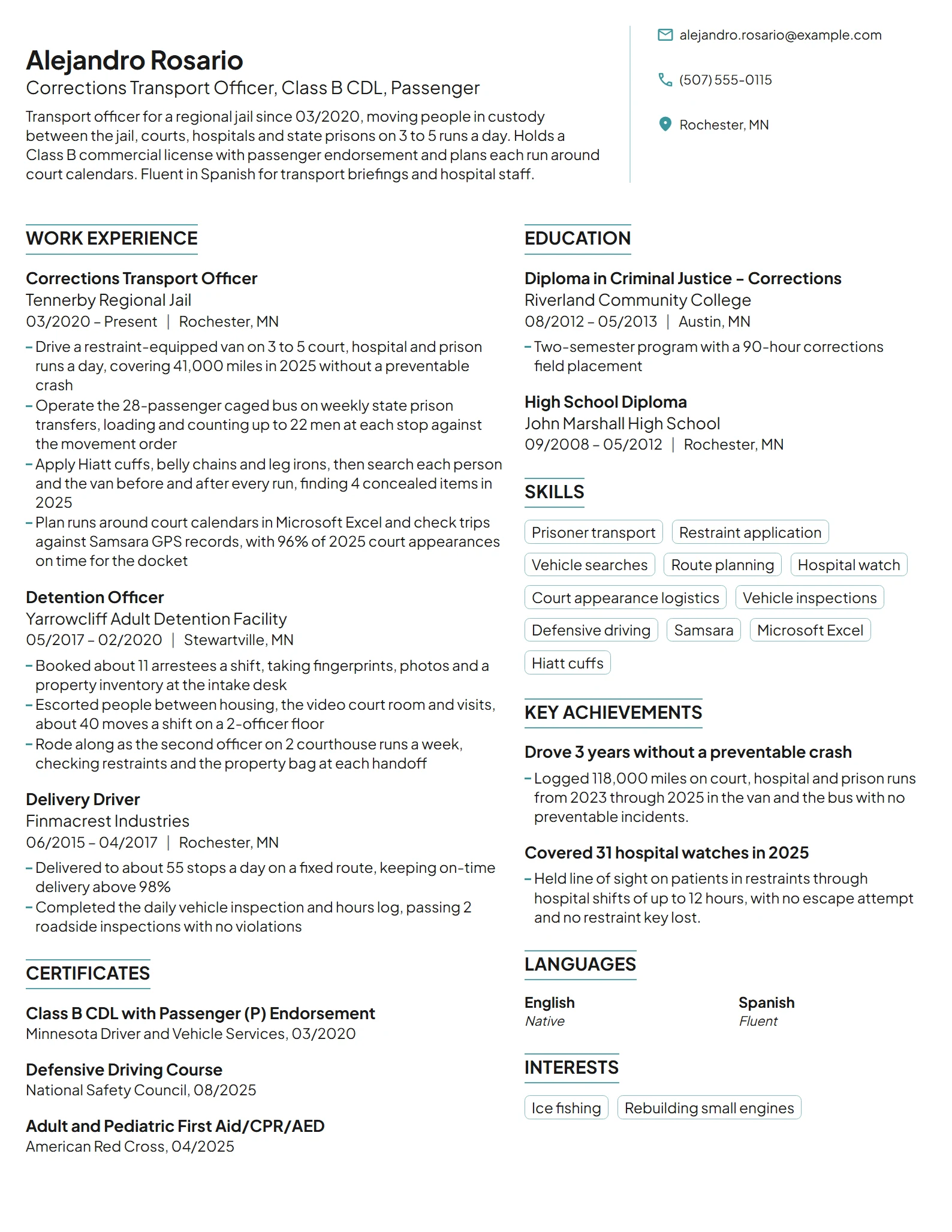 Corrections Transport Officer resume example