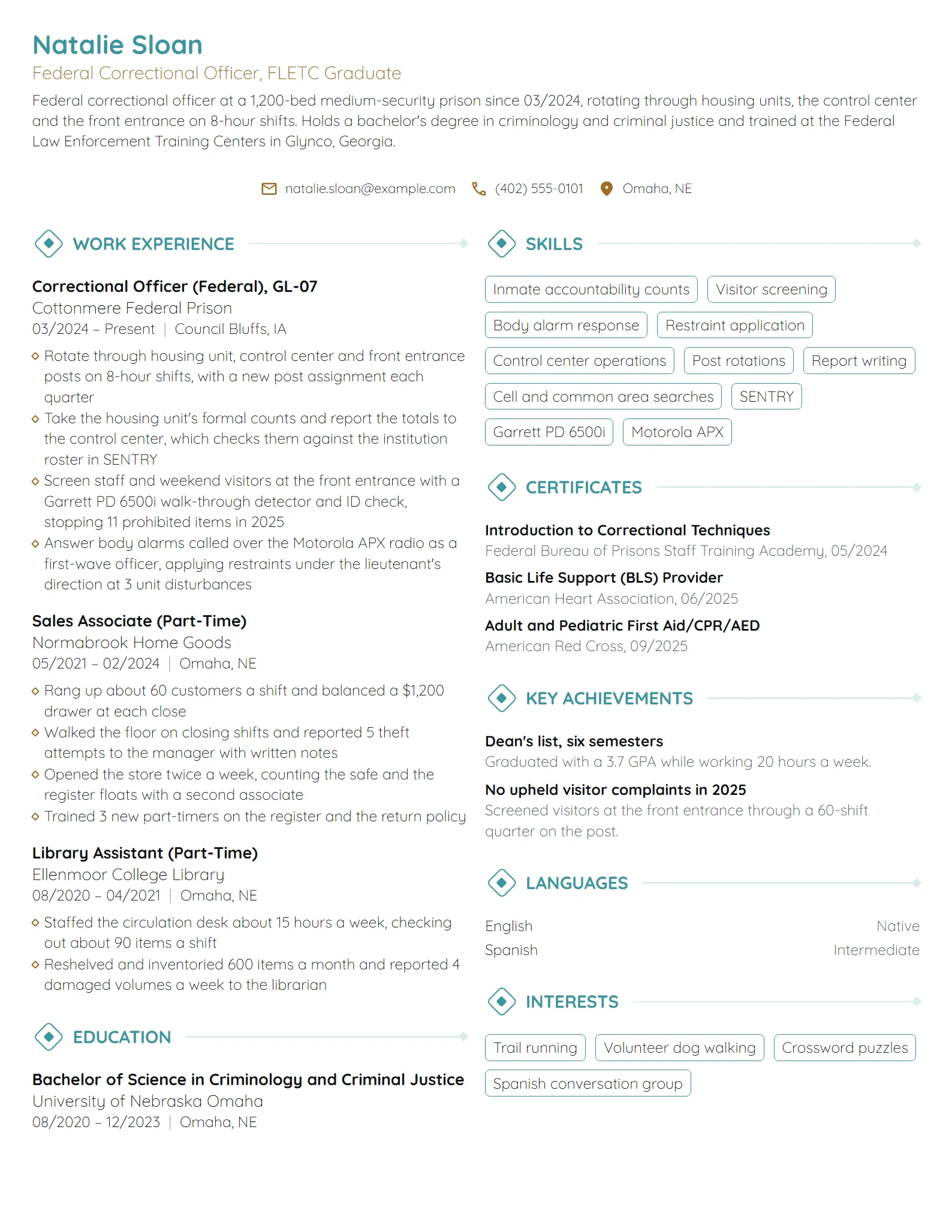 Federal Correctional Officer resume example