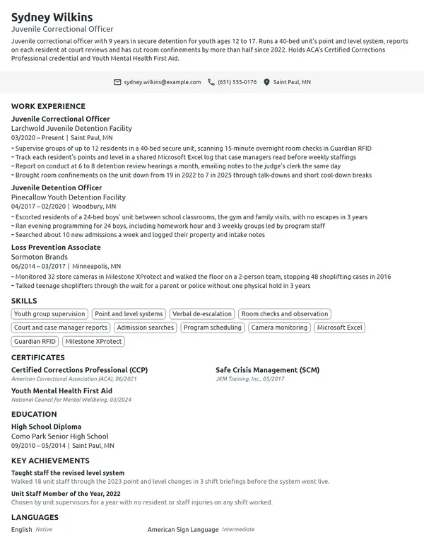 Juvenile Correctional Officer resume example