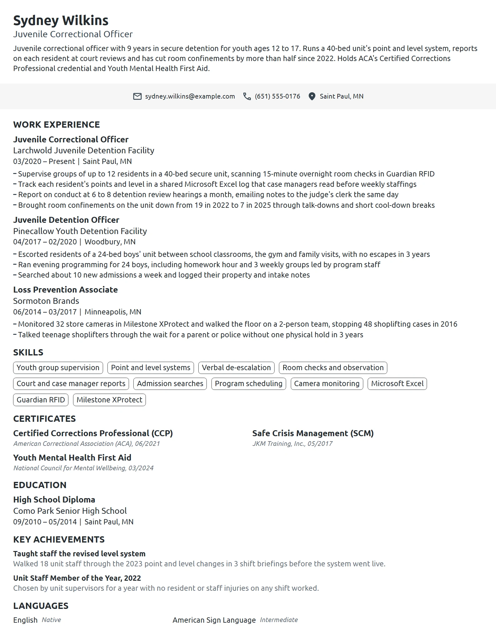 Juvenile Correctional Officer resume example