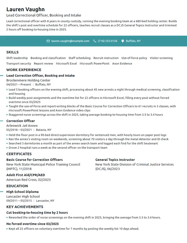 Lead Correctional Officer resume example