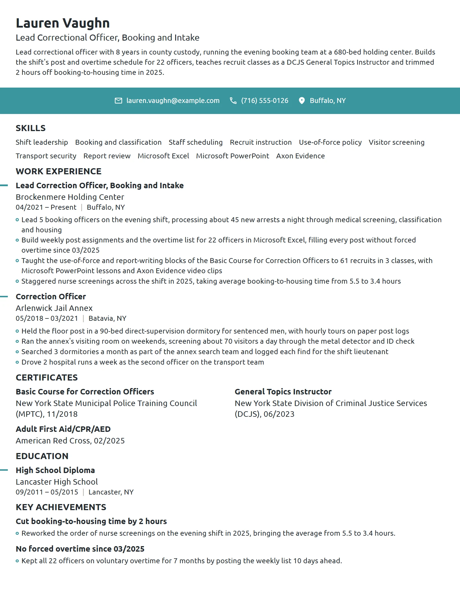 Lead Correctional Officer resume example