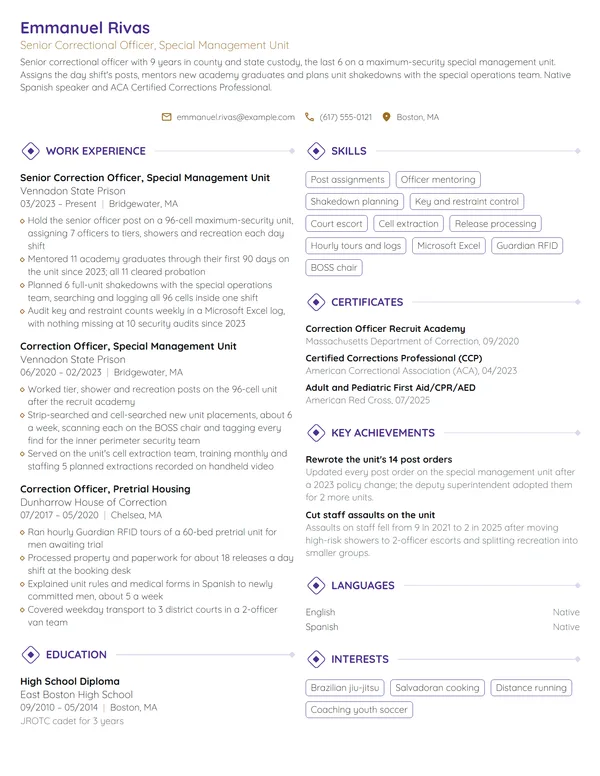 Senior Correctional Officer resume example