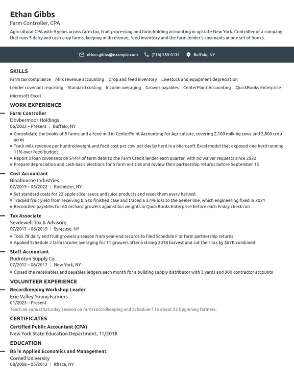 Agricultural CPA resume example