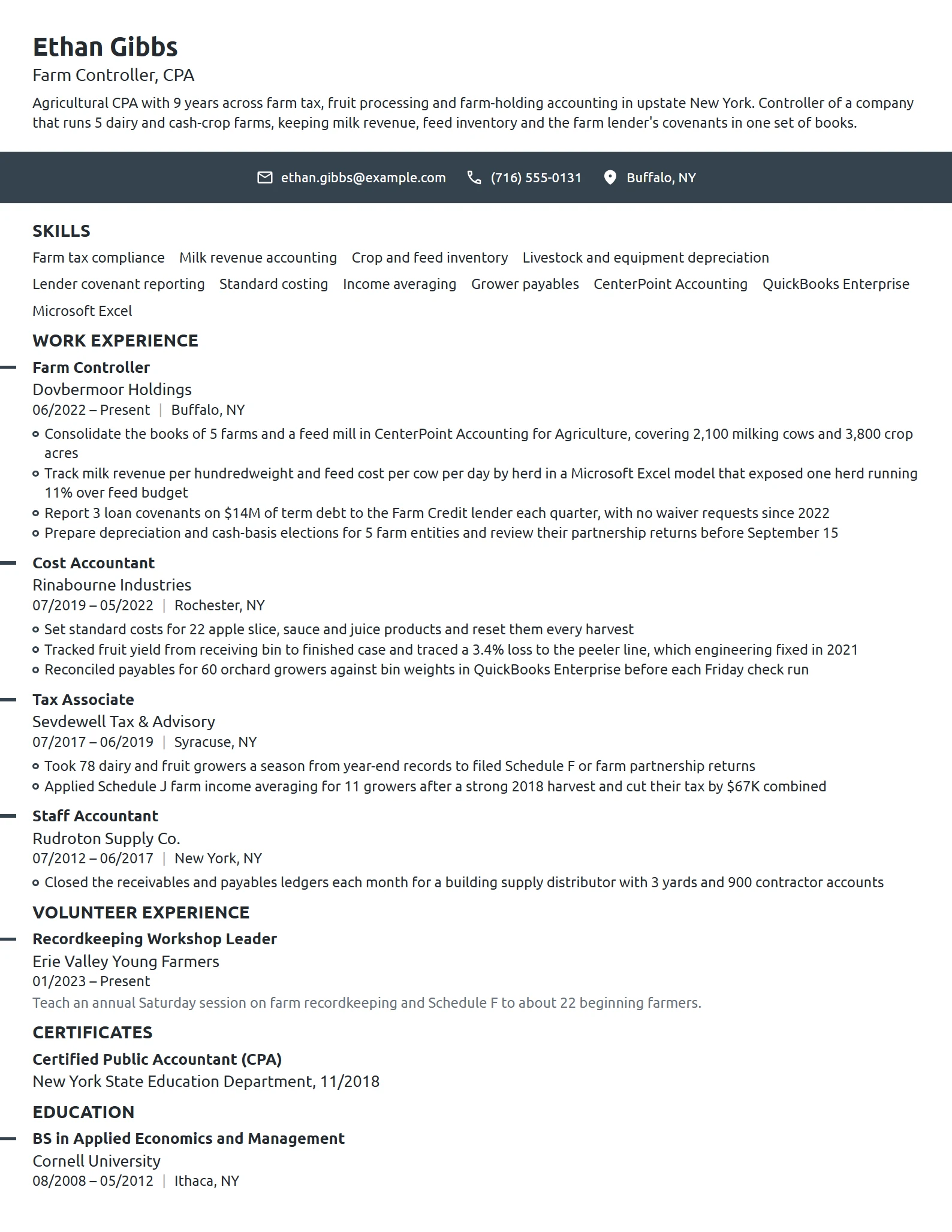 Agricultural CPA resume example