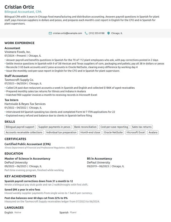 Bilingual CPA resume example
