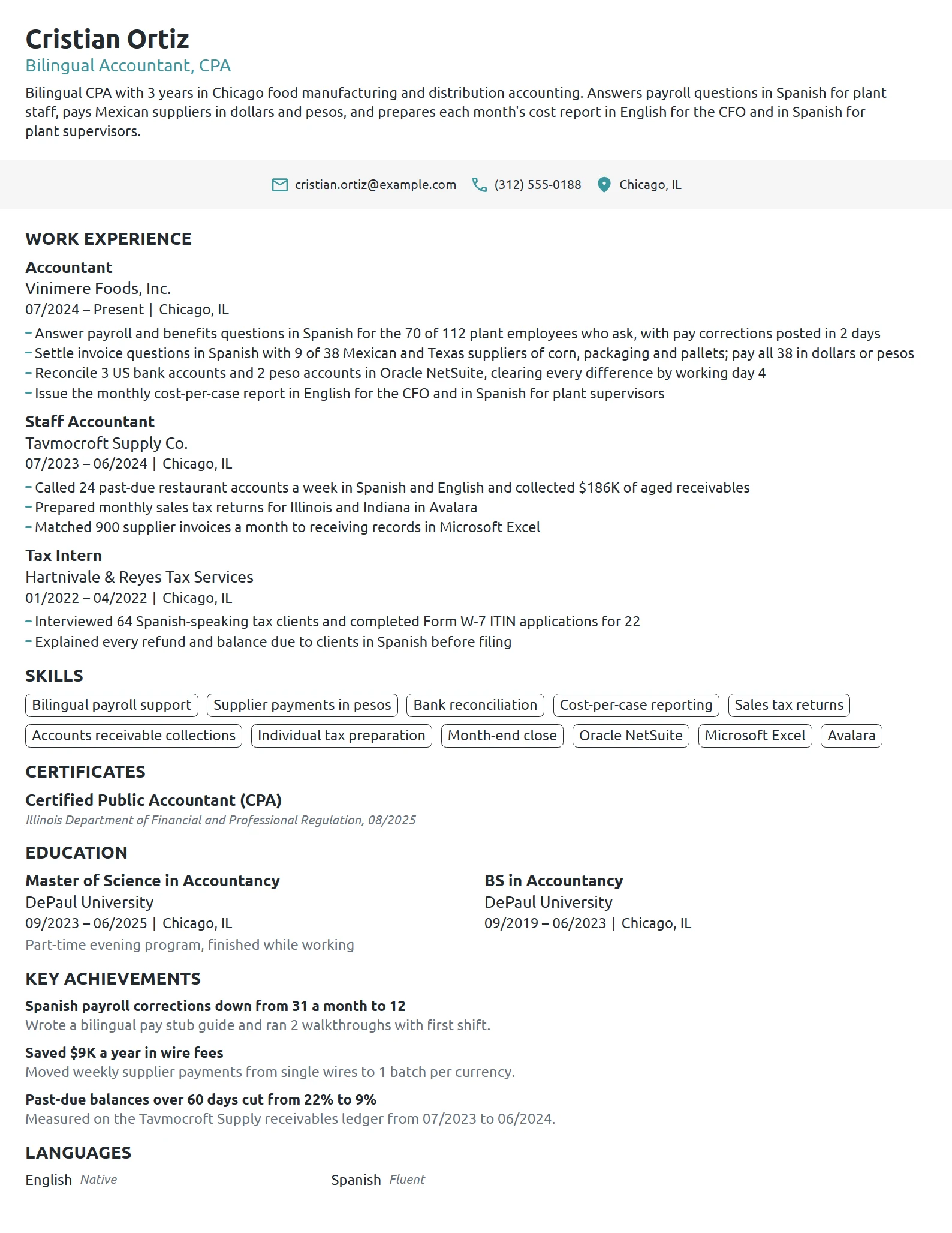 Bilingual CPA resume example
