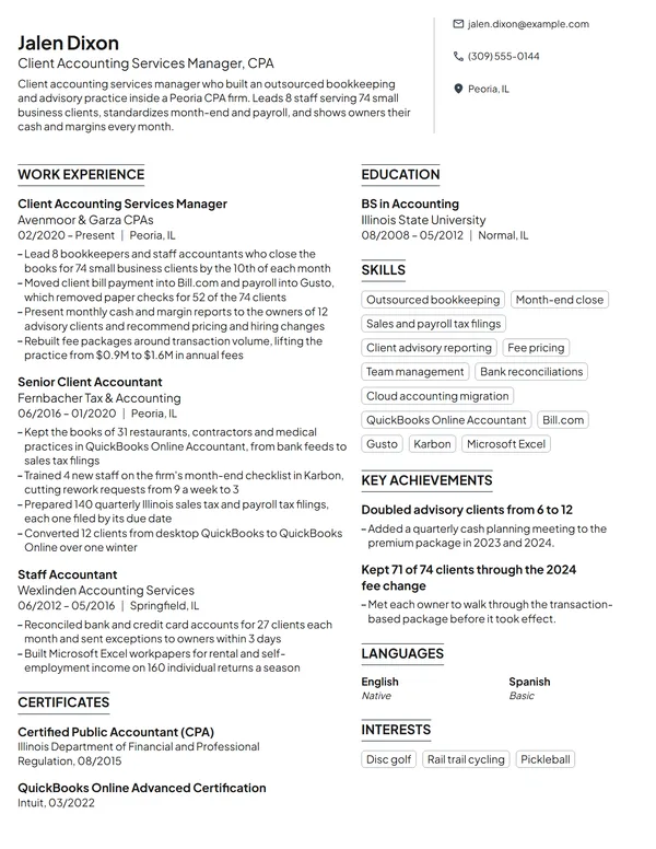 Client Accounting Services Manager resume example