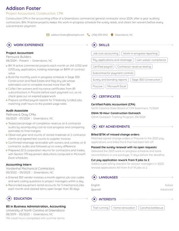 Construction CPA resume example