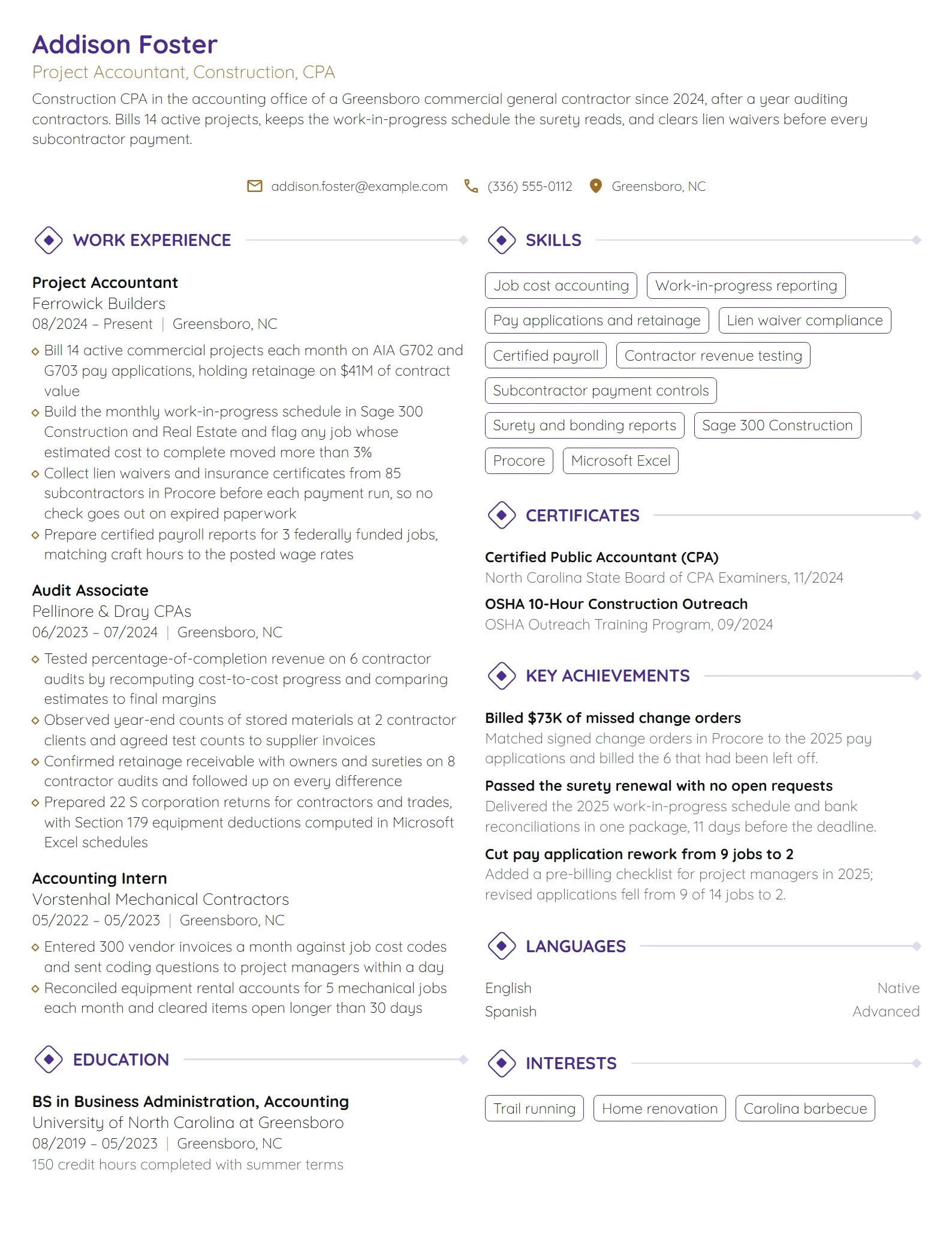 Construction CPA resume example