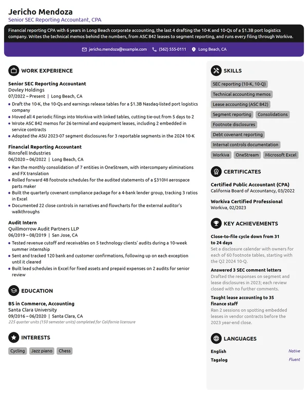 Financial Reporting CPA resume example