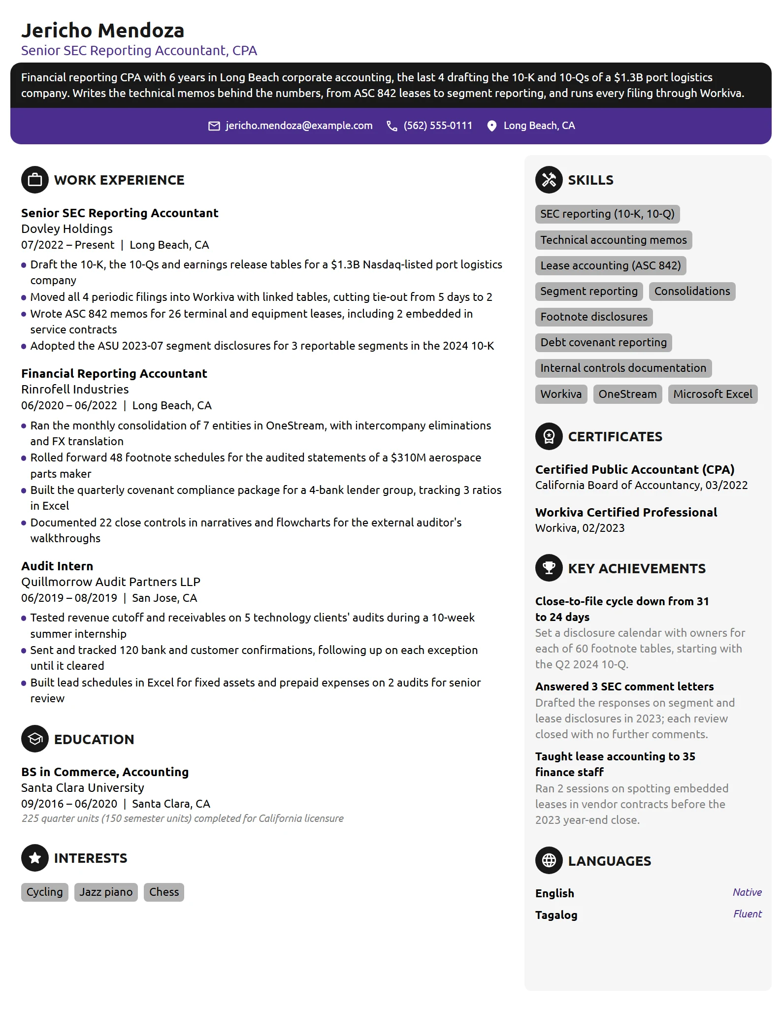 Financial Reporting CPA resume example
