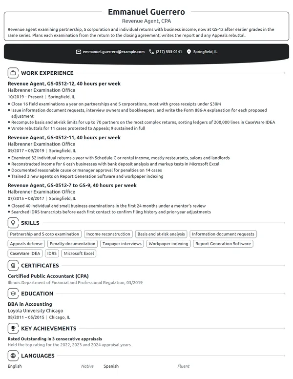 IRS Revenue Agent resume example
