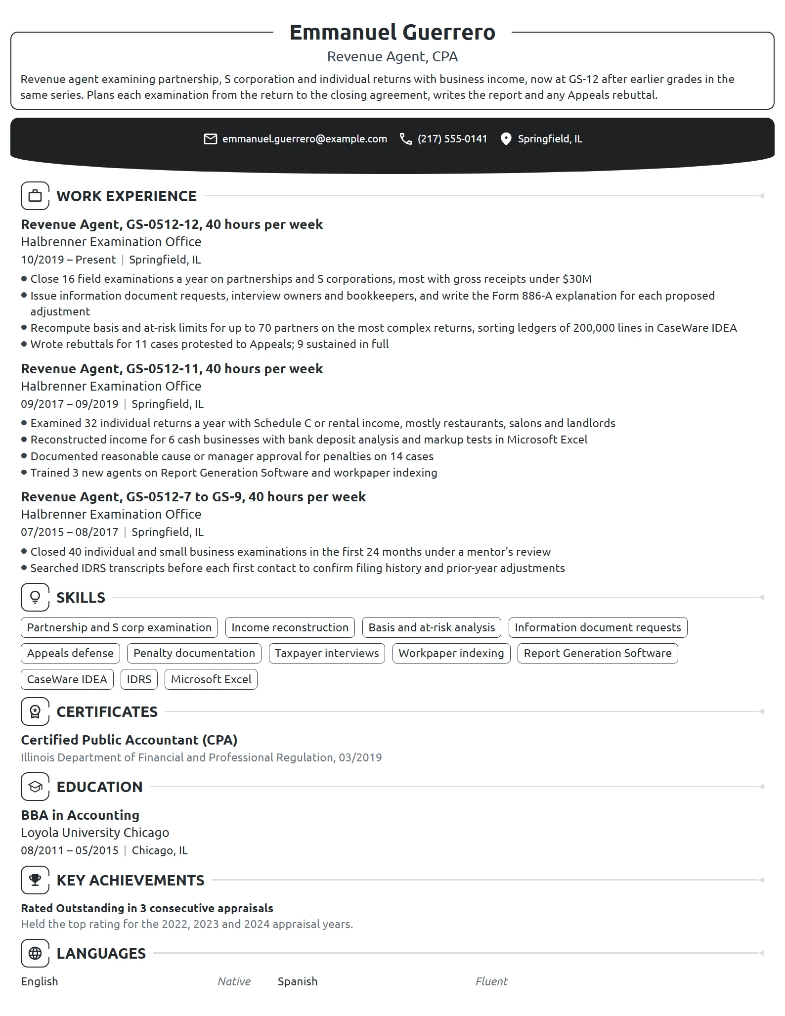 IRS Revenue Agent resume example
