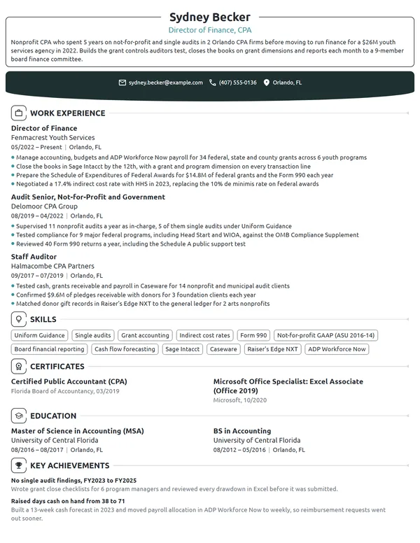 Nonprofit CPA resume example