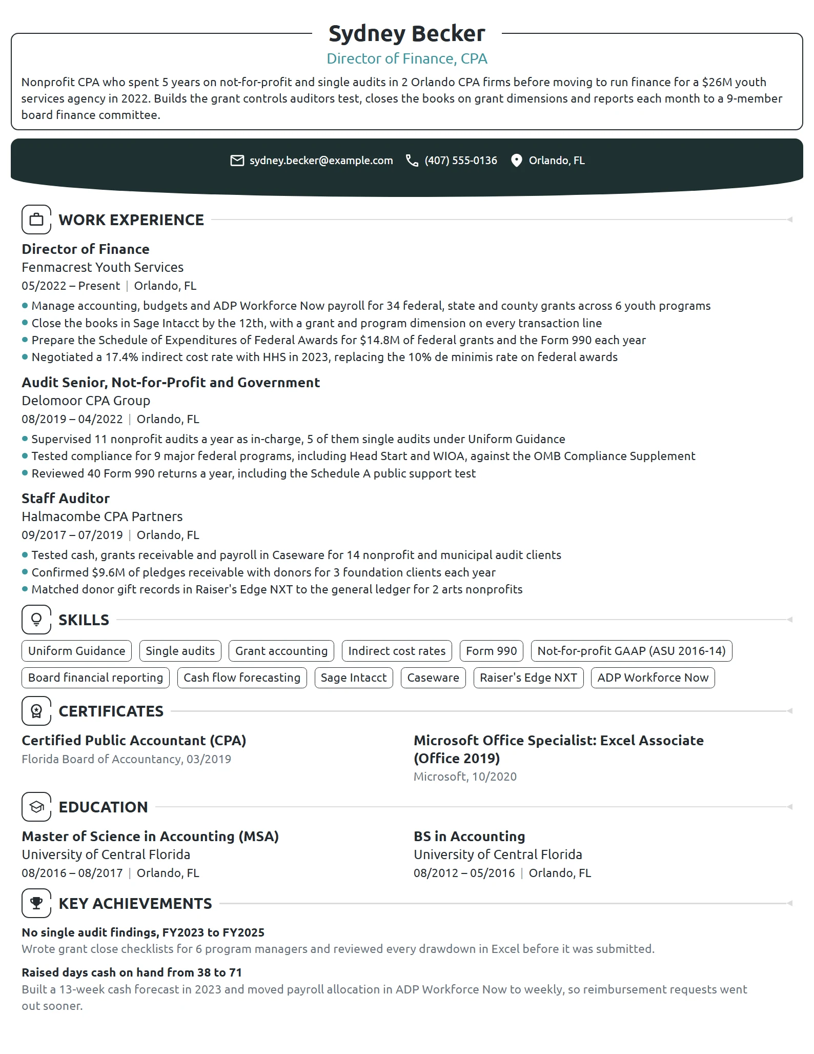 Nonprofit CPA resume example