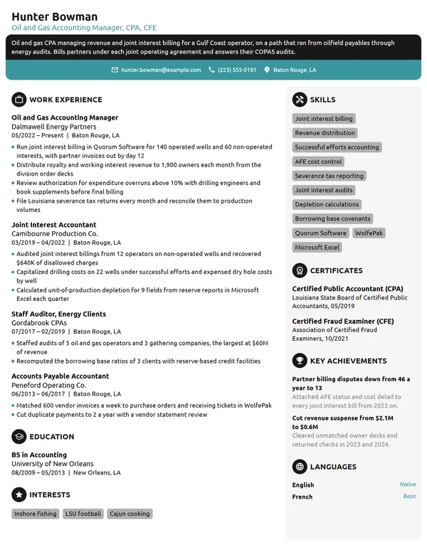 Oil and Gas CPA resume example