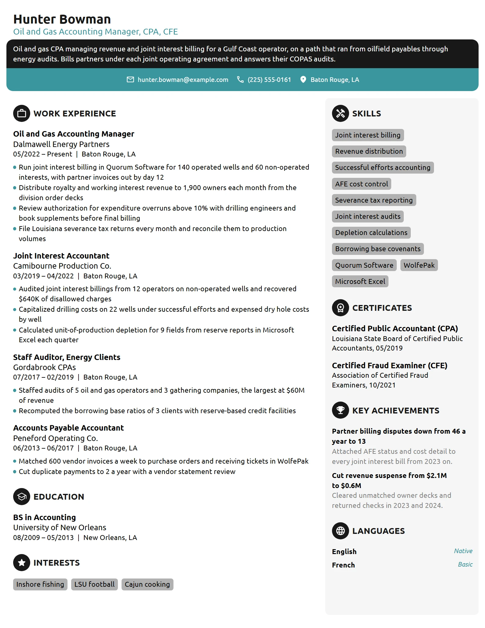 Oil and Gas CPA resume example