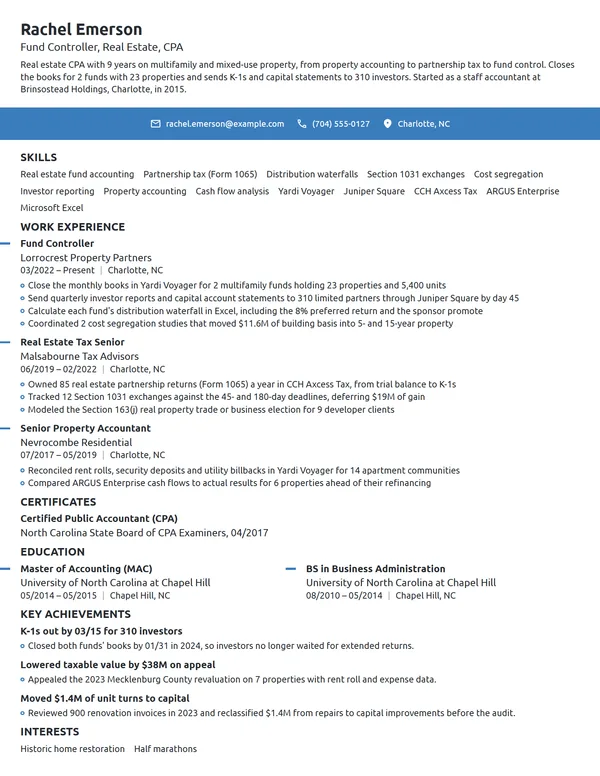 Real Estate CPA resume example