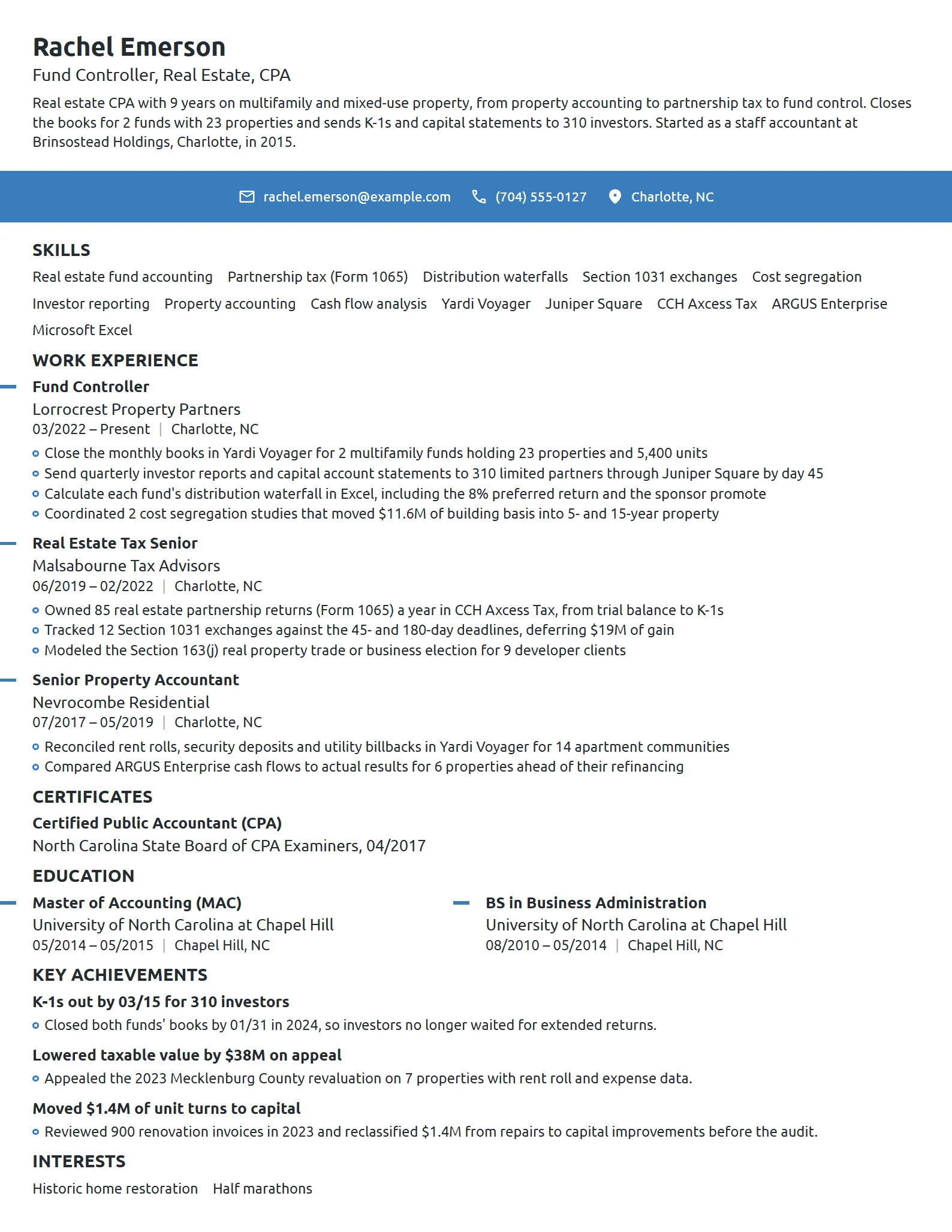 Real Estate CPA resume example