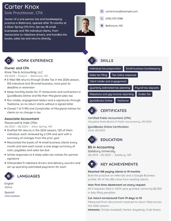 Sole Practitioner CPA resume example