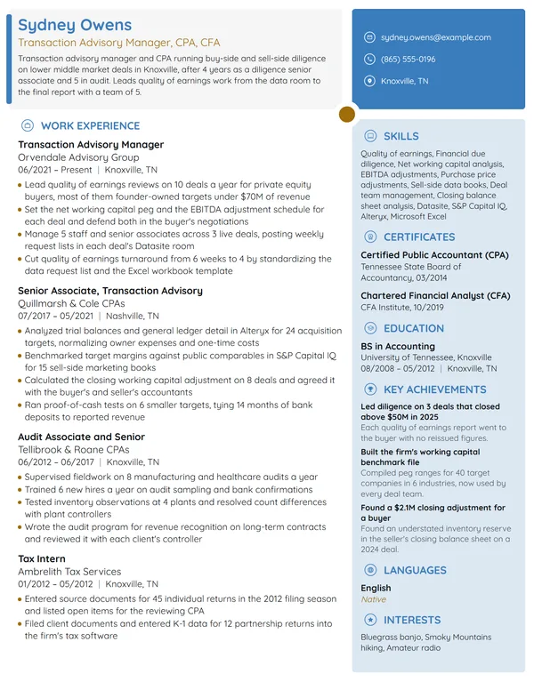 Transaction Advisory Manager resume example