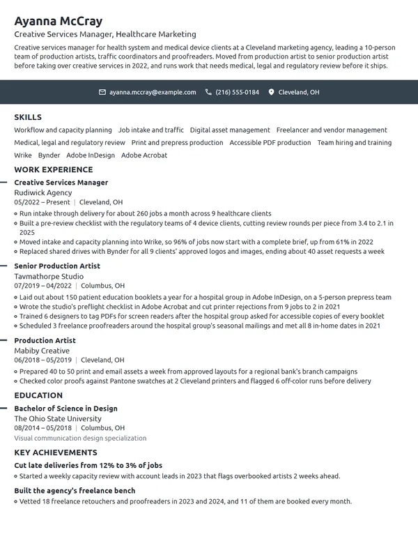 Creative Services Manager resume example