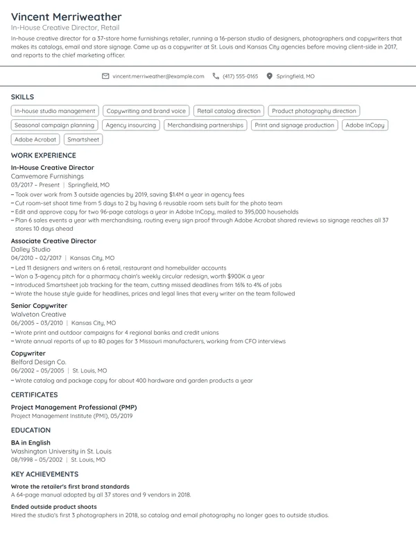 In-House Creative Director resume example