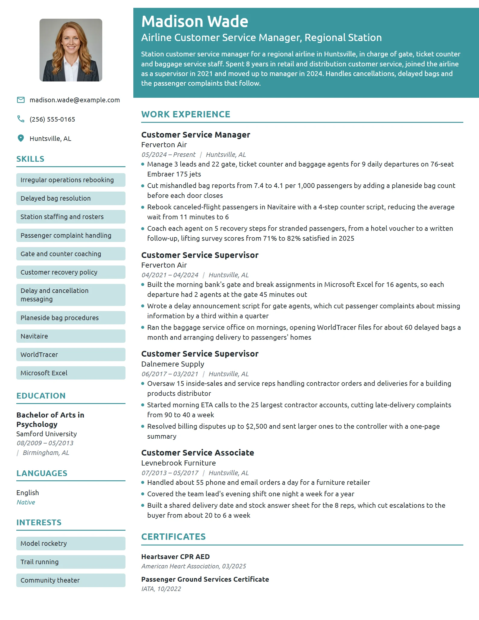 Airline Customer Service Manager resume example