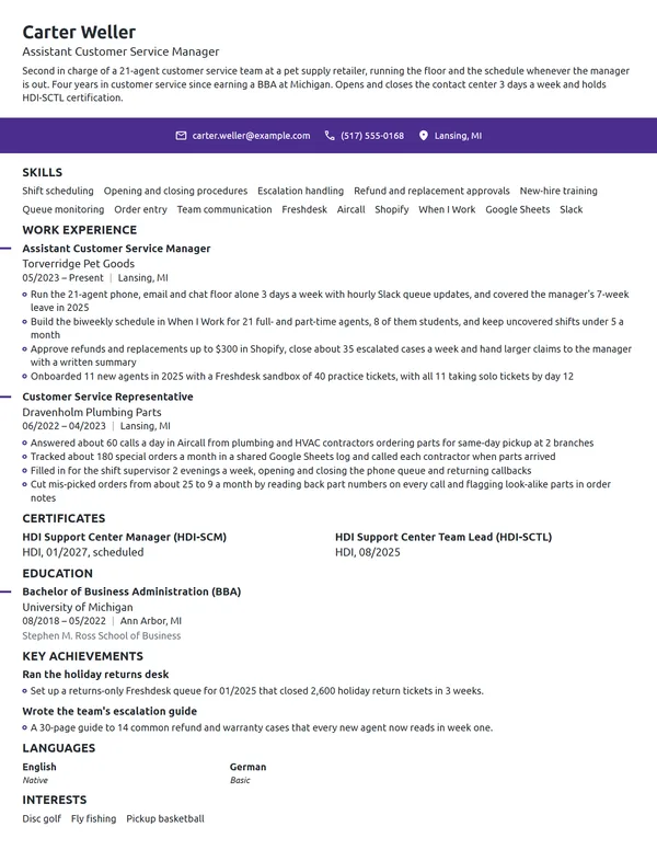 Assistant Customer Service Manager resume example
