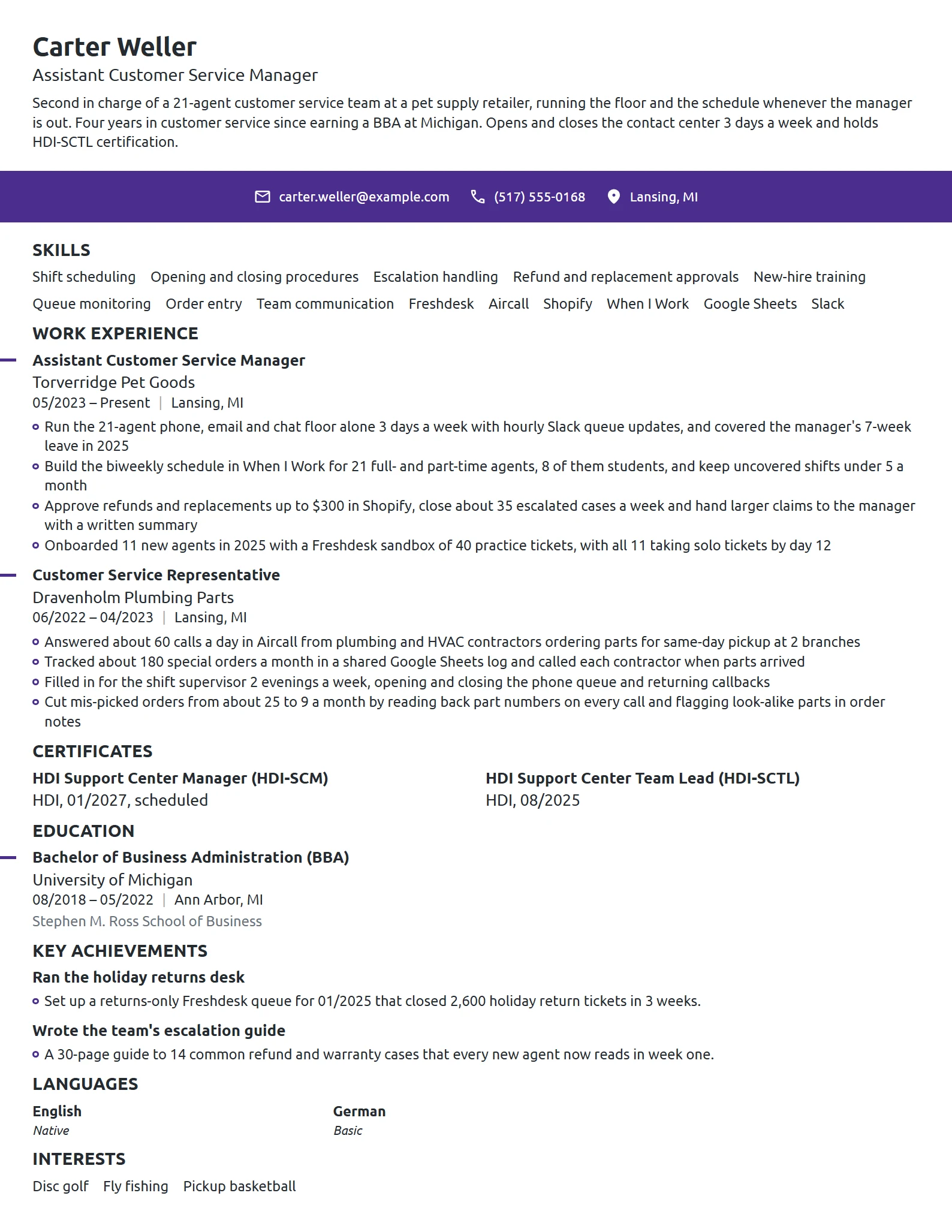 Assistant Customer Service Manager resume example