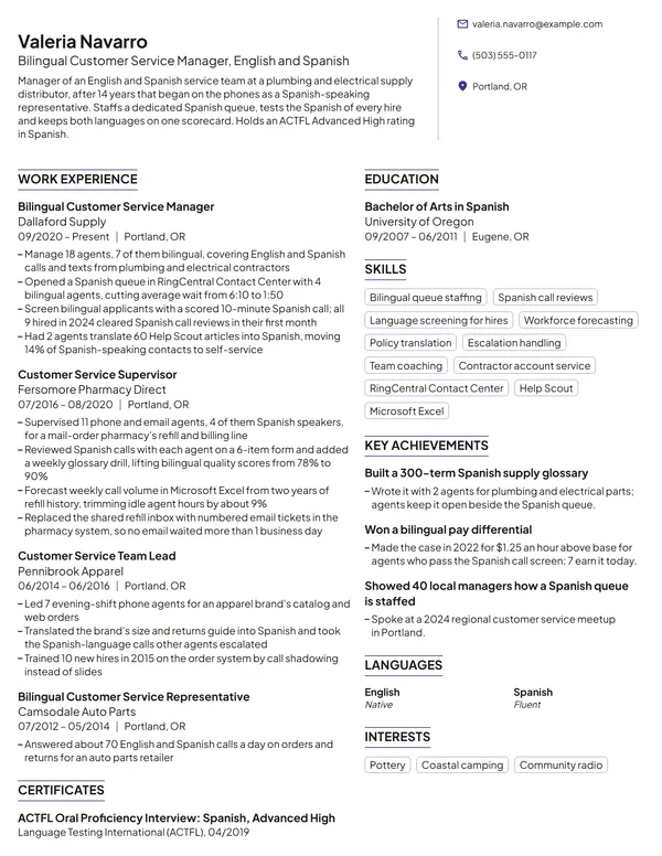 Bilingual Customer Service Manager resume example