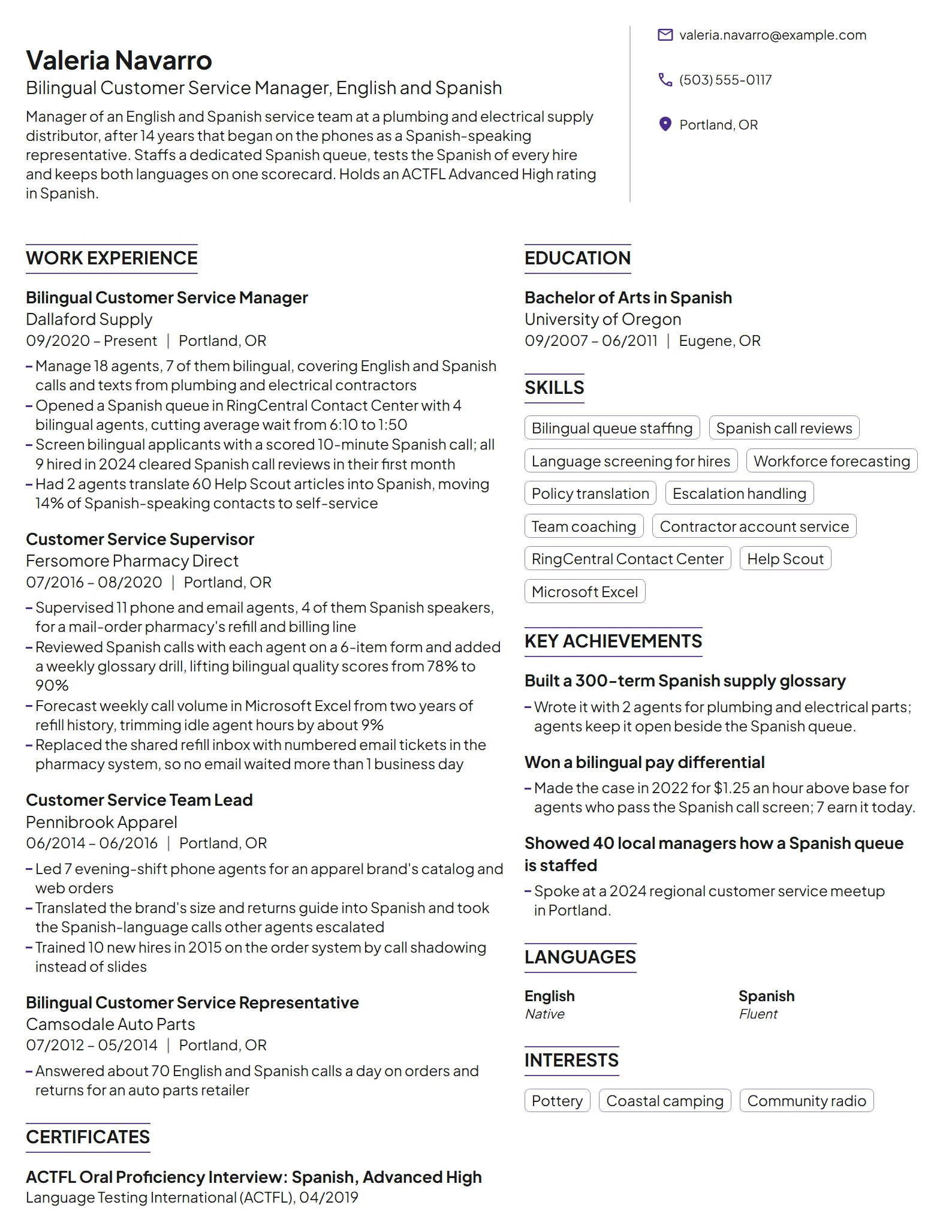 Bilingual Customer Service Manager resume example