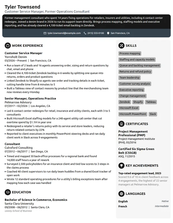 Career Change Customer Service Manager resume example