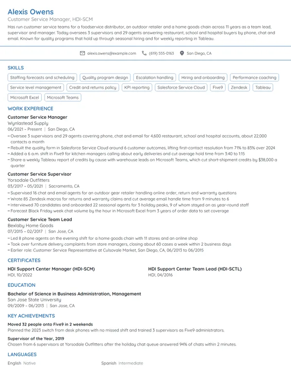 Customer Service Manager resume example