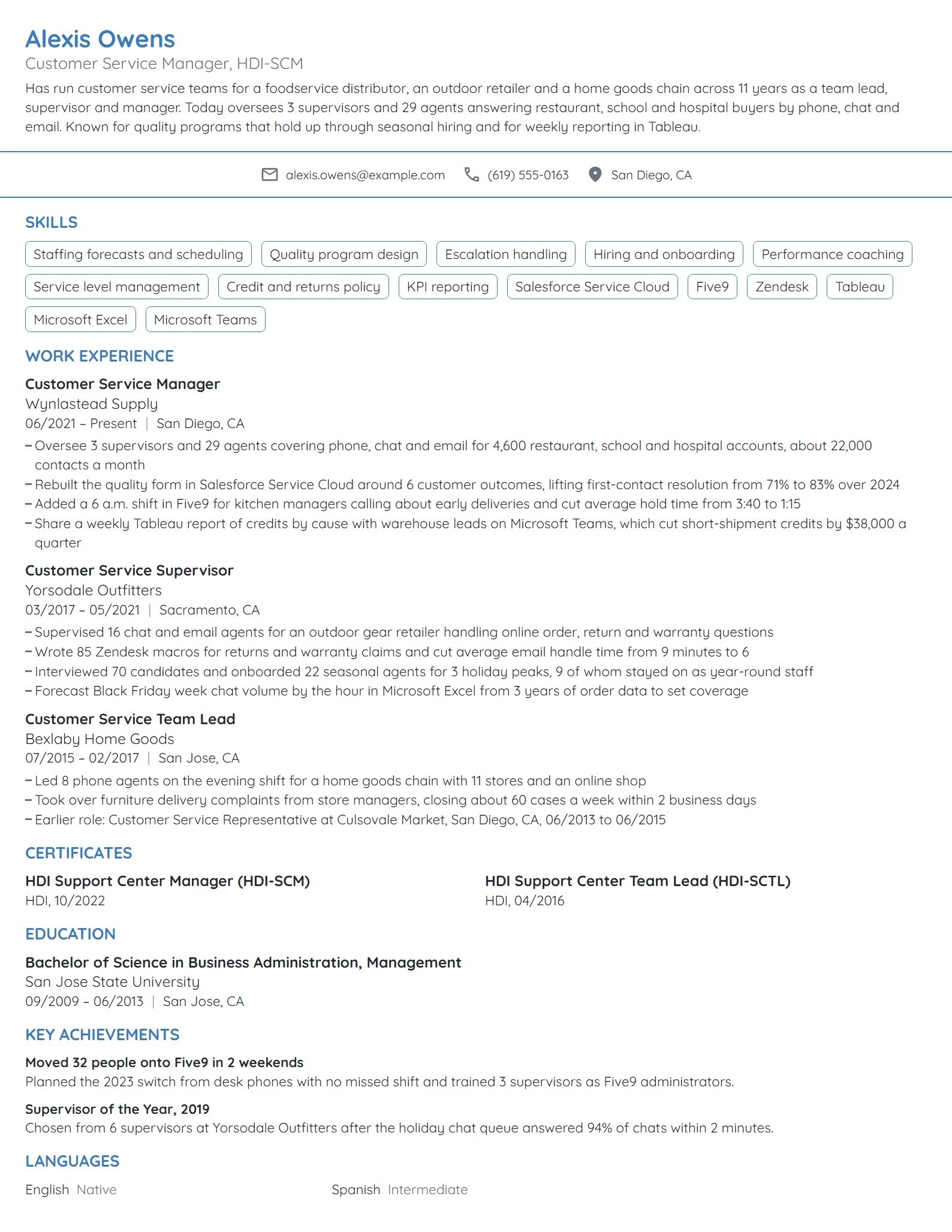 Customer Service Manager resume example