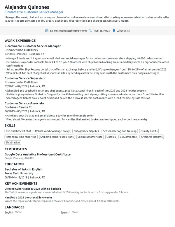 E-commerce Customer Service Manager resume example