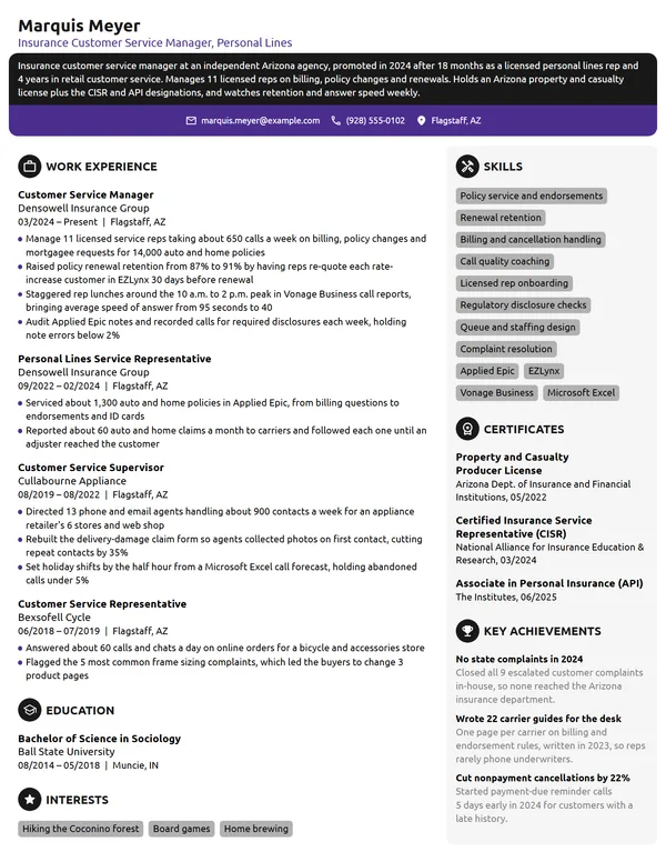 Insurance Customer Service Manager resume example
