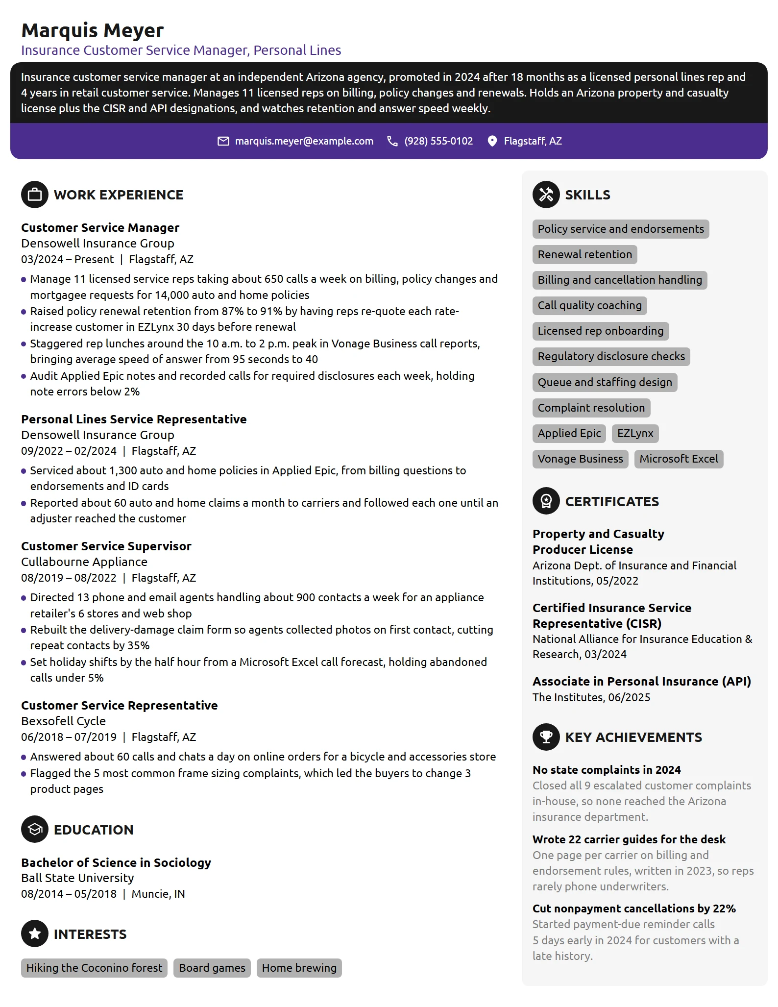 Insurance Customer Service Manager resume example