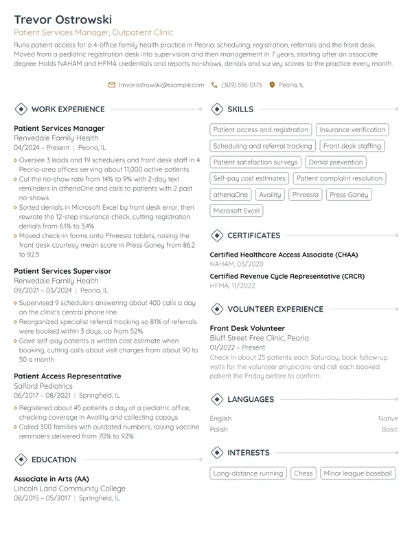 Patient Services Manager resume example