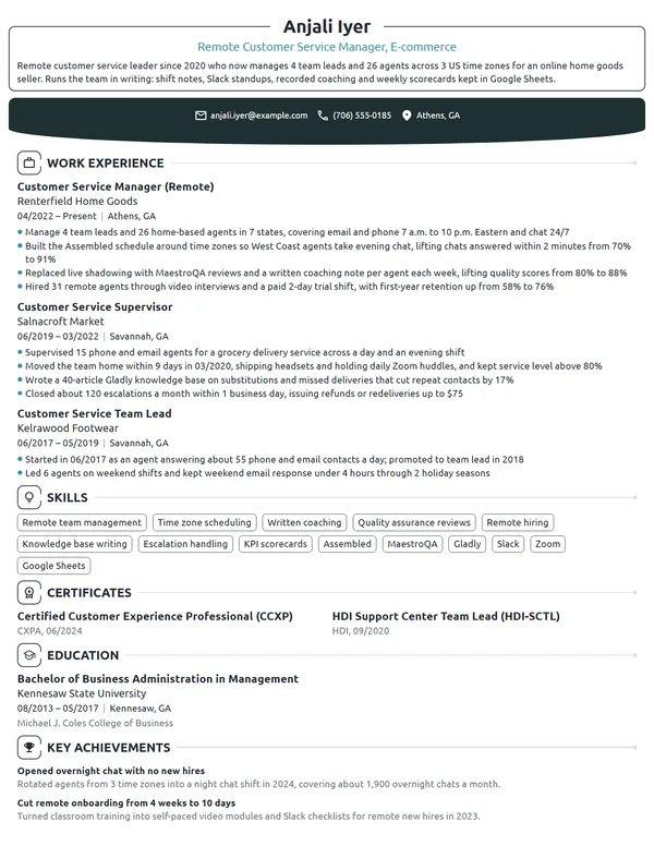 Remote Customer Service Manager resume example