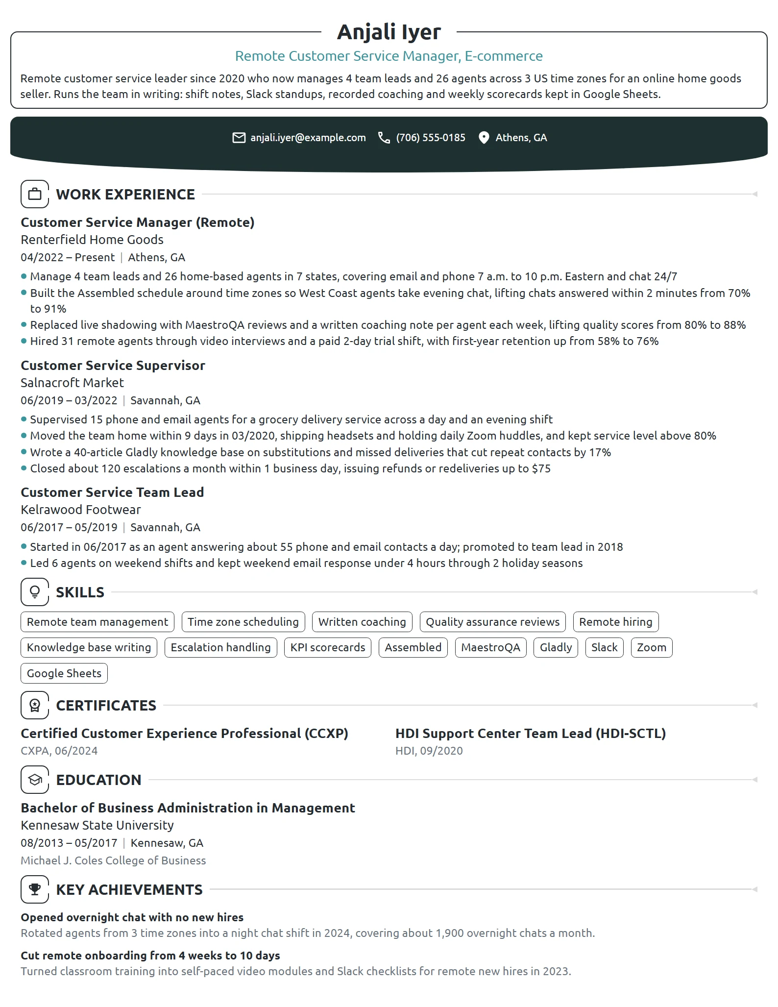 Remote Customer Service Manager resume example