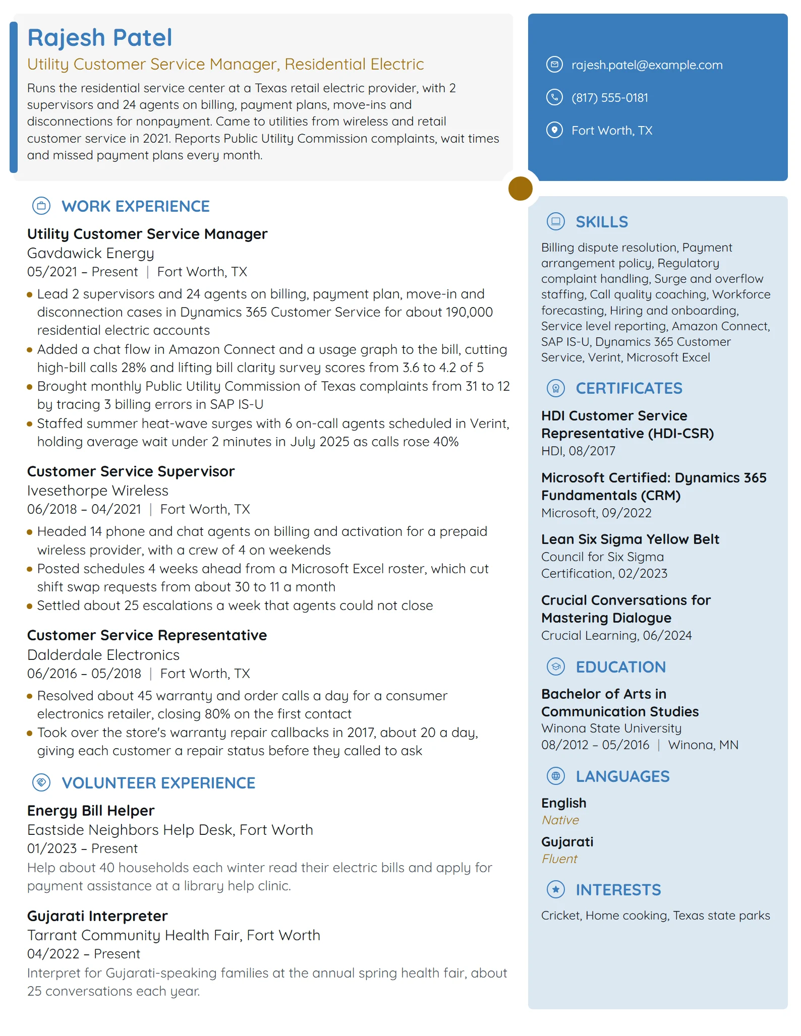 Utility Customer Service Manager resume example
