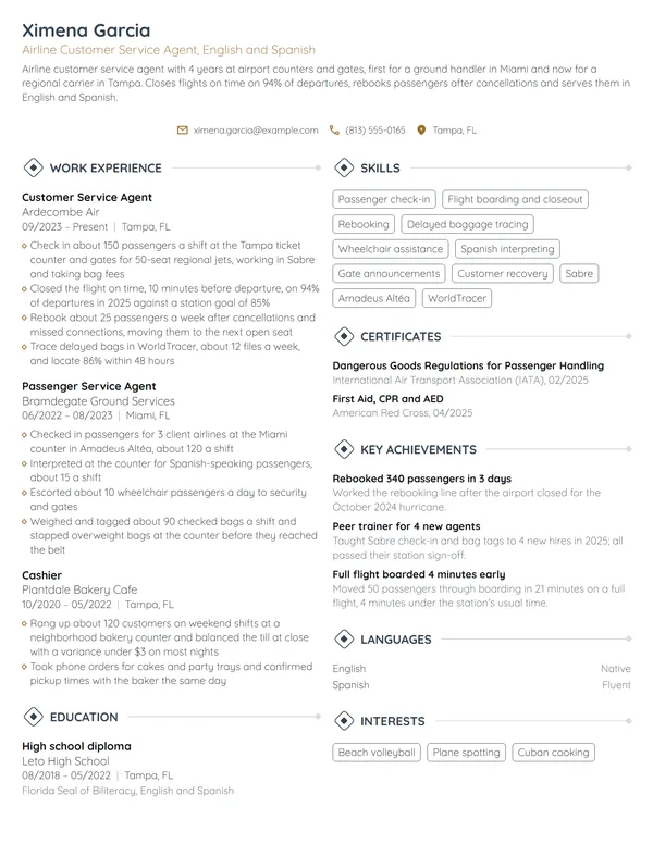 Airline Customer Service Agent resume example