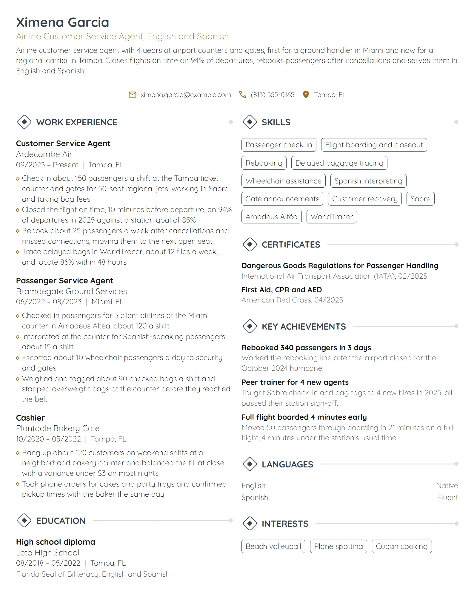 Airline Customer Service Agent resume example