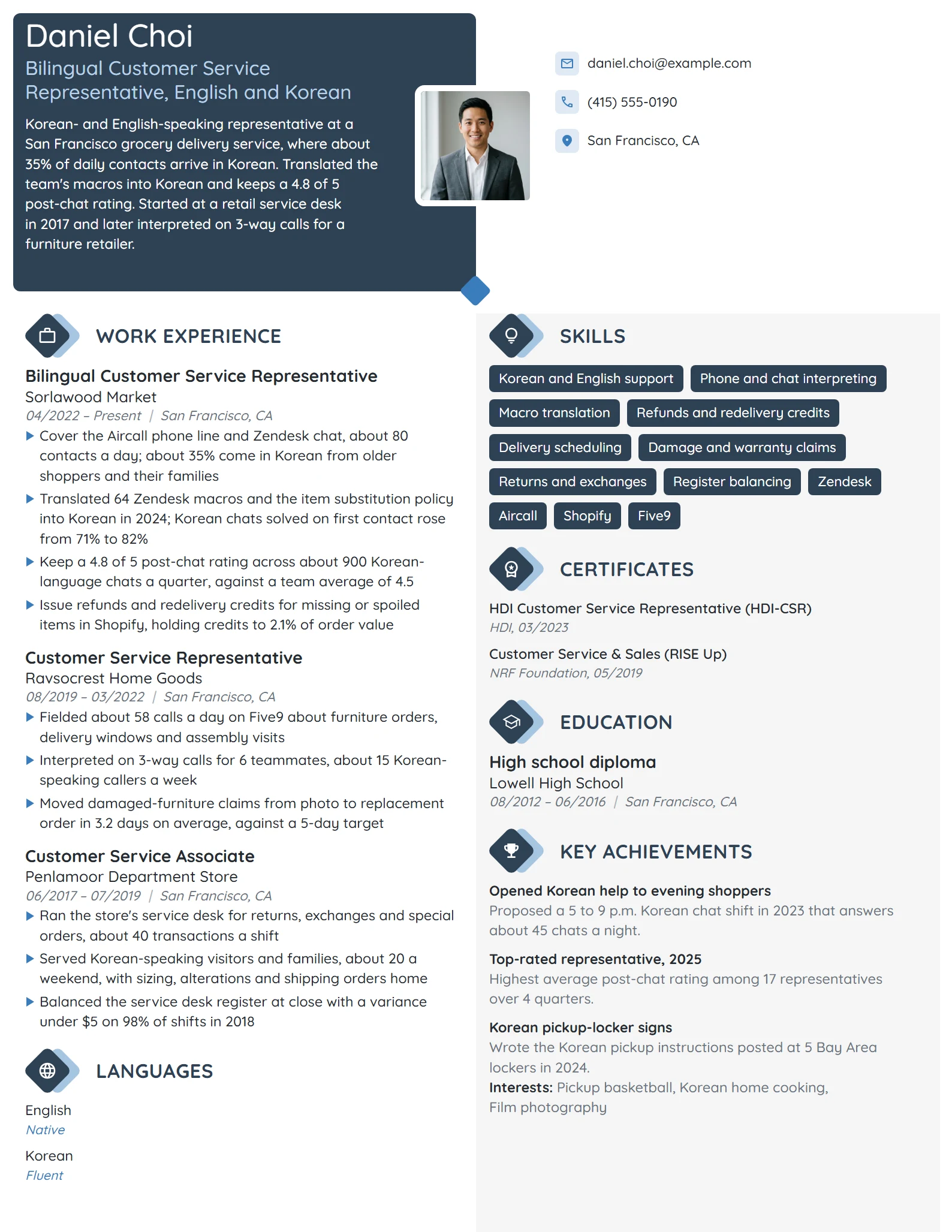 Bilingual Customer Service Representative resume example