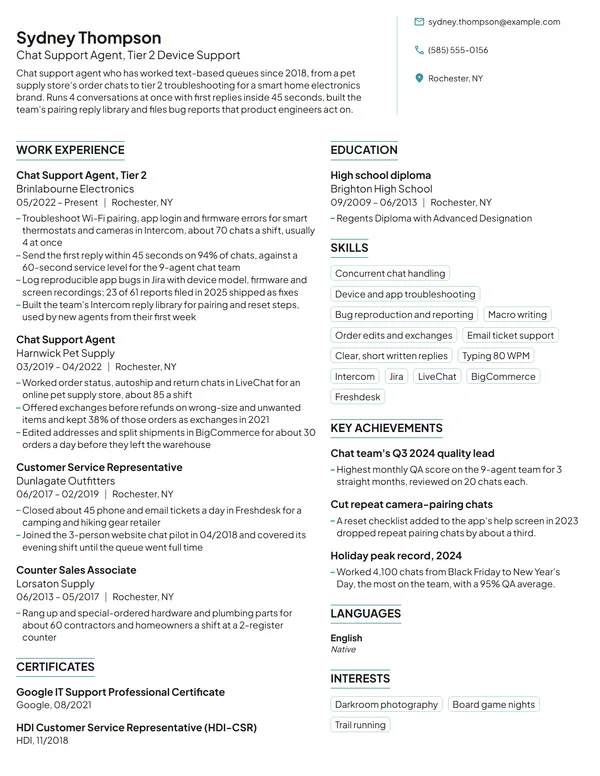Chat Support Agent resume example