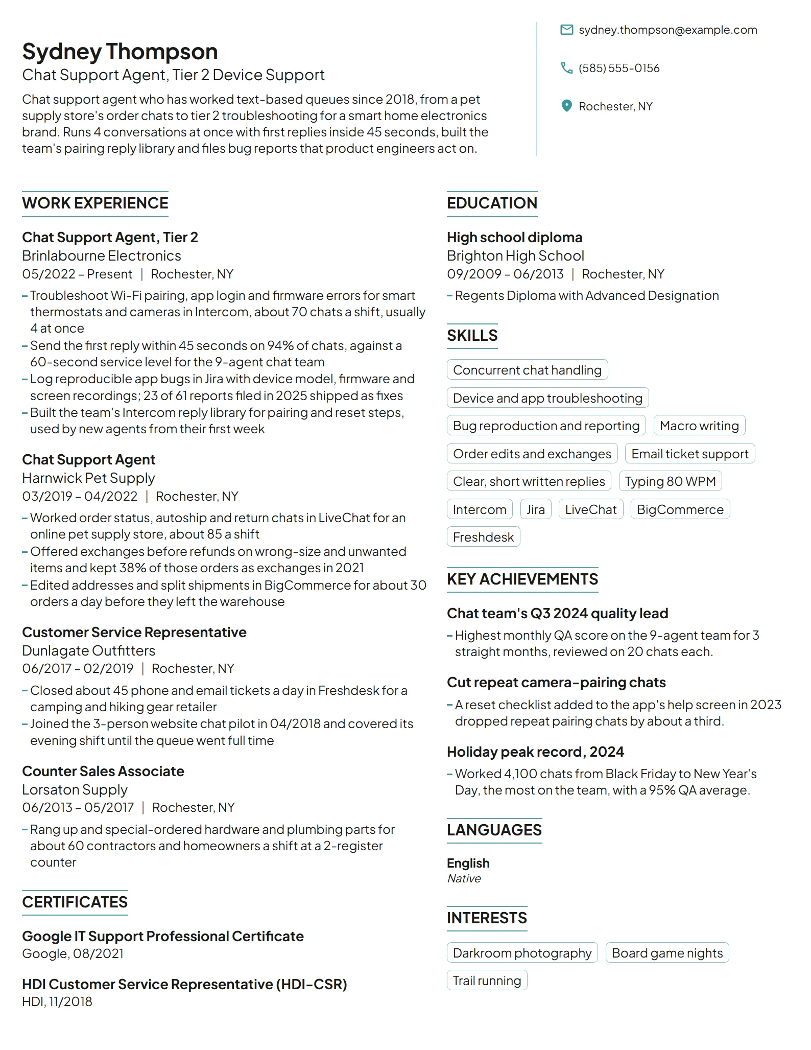 Chat Support Agent resume example
