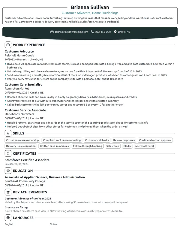 Customer Advocate resume example